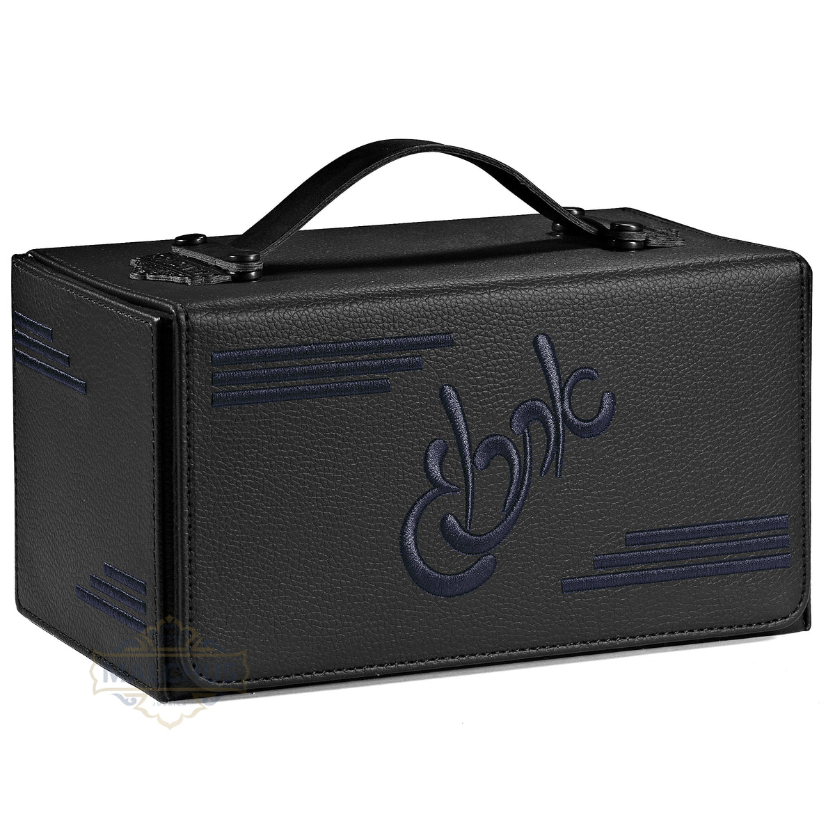 Esrog Box Hard #1880 Black Leather, Navy Embroidery